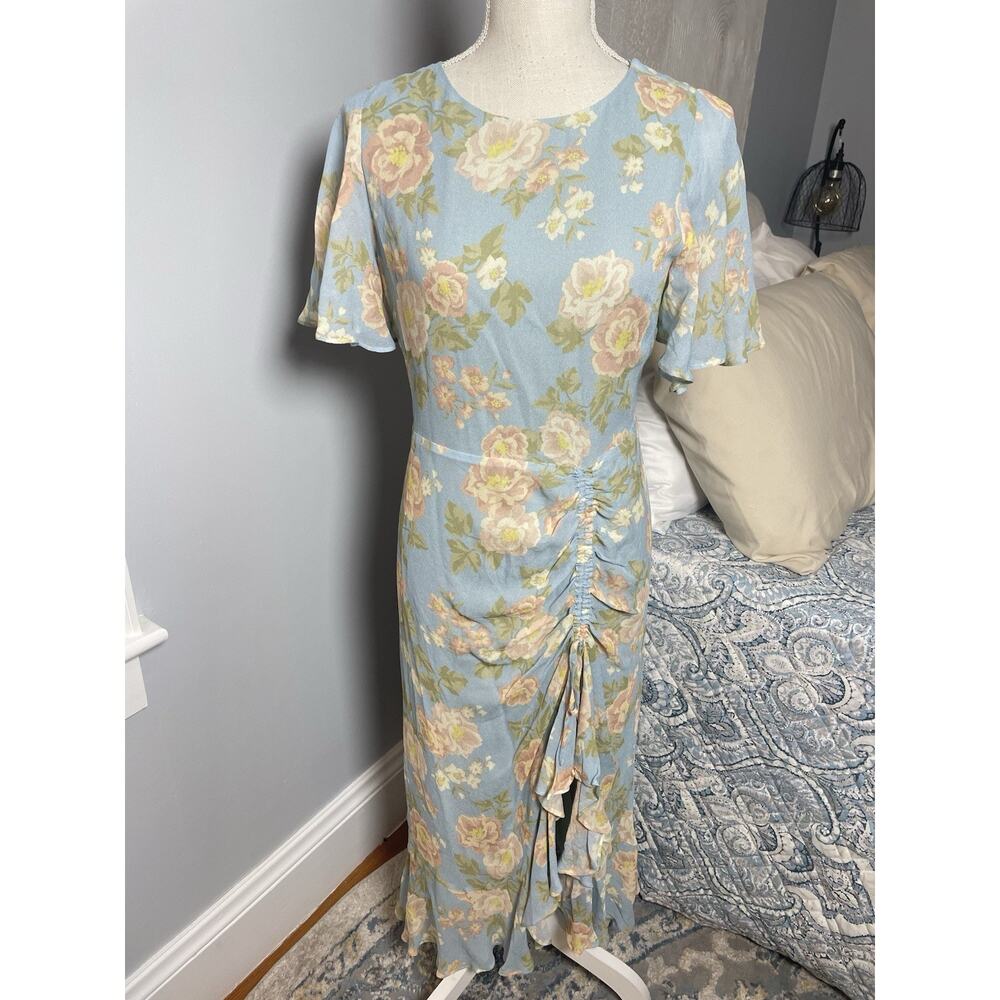 Yumi Kim Floral Ruched Midi Dress M Blue Ruffle Hem Cottagecore Romantic Spring - Picture 5 of 8